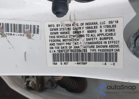 2016 Honda Civic Ex z USA, uszkodzony, nr VIN 19XFC2F78GE096785